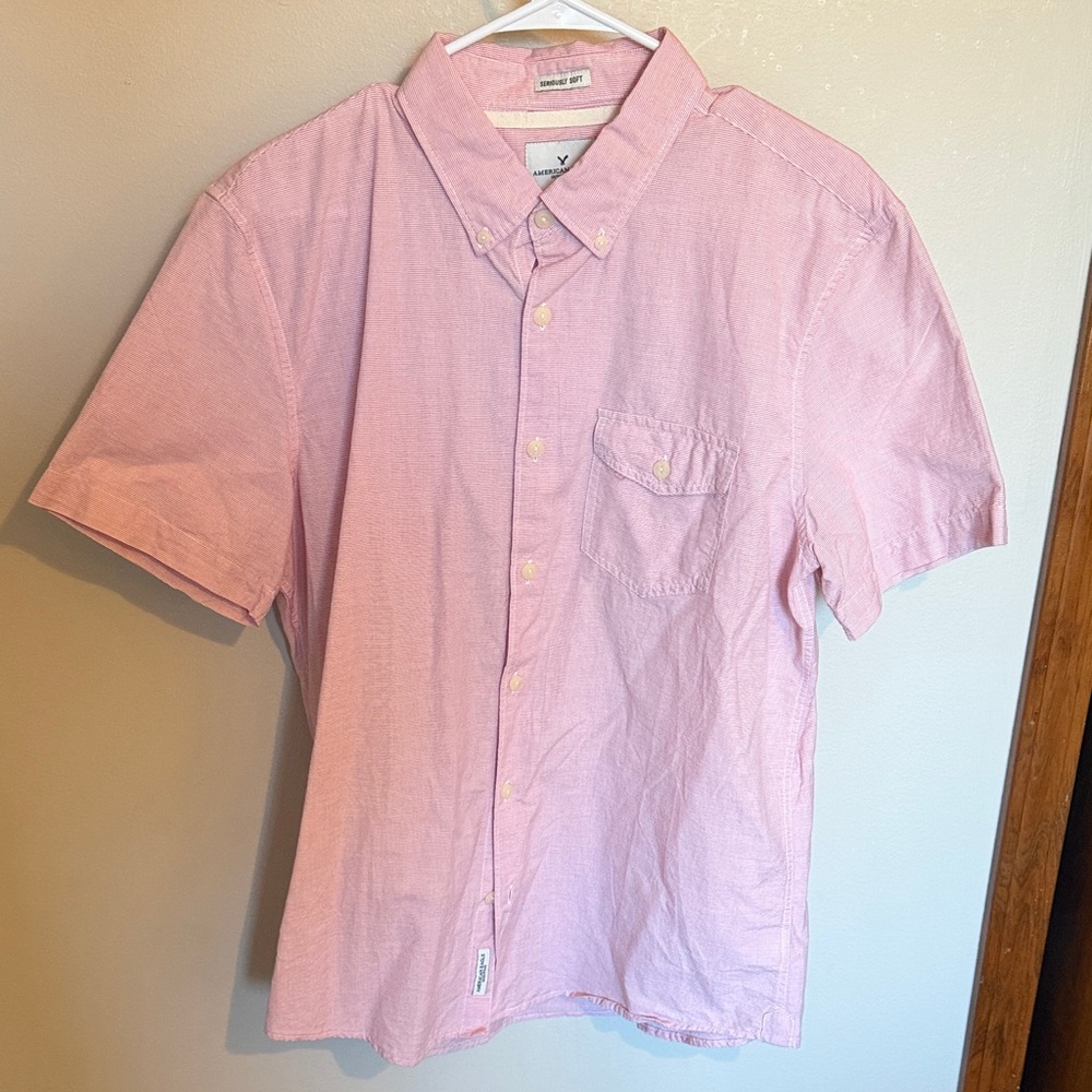 American Eagle Outfitters Red and White Striped Button-Down Shirt